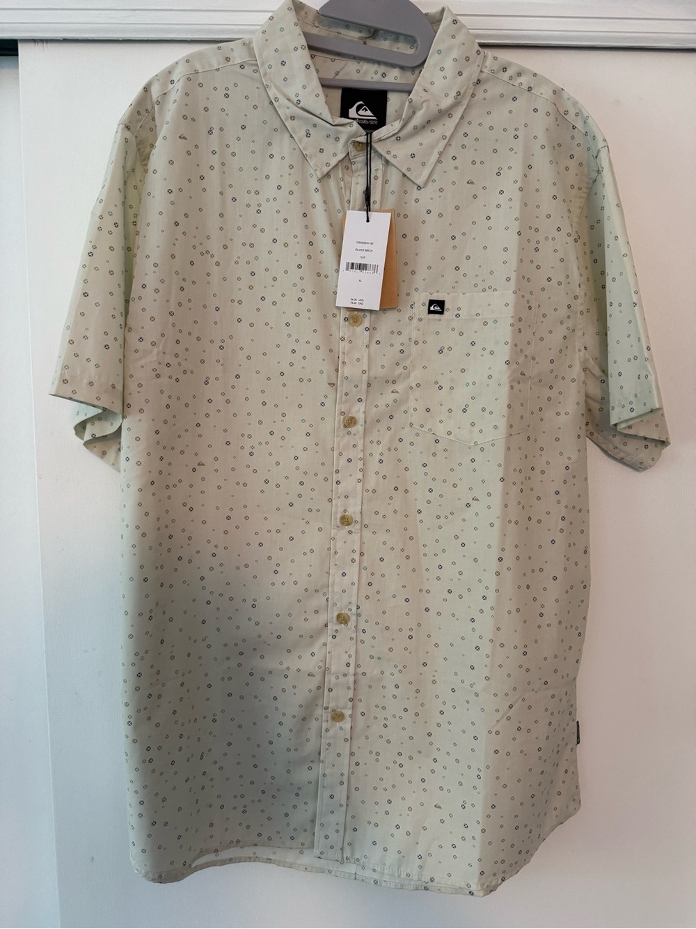 Quiksilver Short-Sleeve Button-Up Shirt in Light Beige with Micro Dot Print
